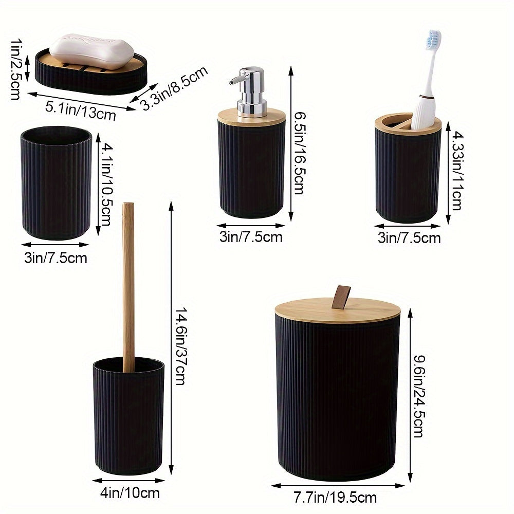 6 piece bathroom set with trash can, toothbrush holder, soap dispenser, soap dish, toilet brush. Great housewarming gift.