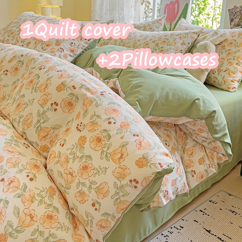 3-piece bedding set includes 1 quilt cover and 2 pillowcases with floral design. Cozy, breathable, and suitable for all seasons. Machine washable with no fading or deformation. Ideal for a