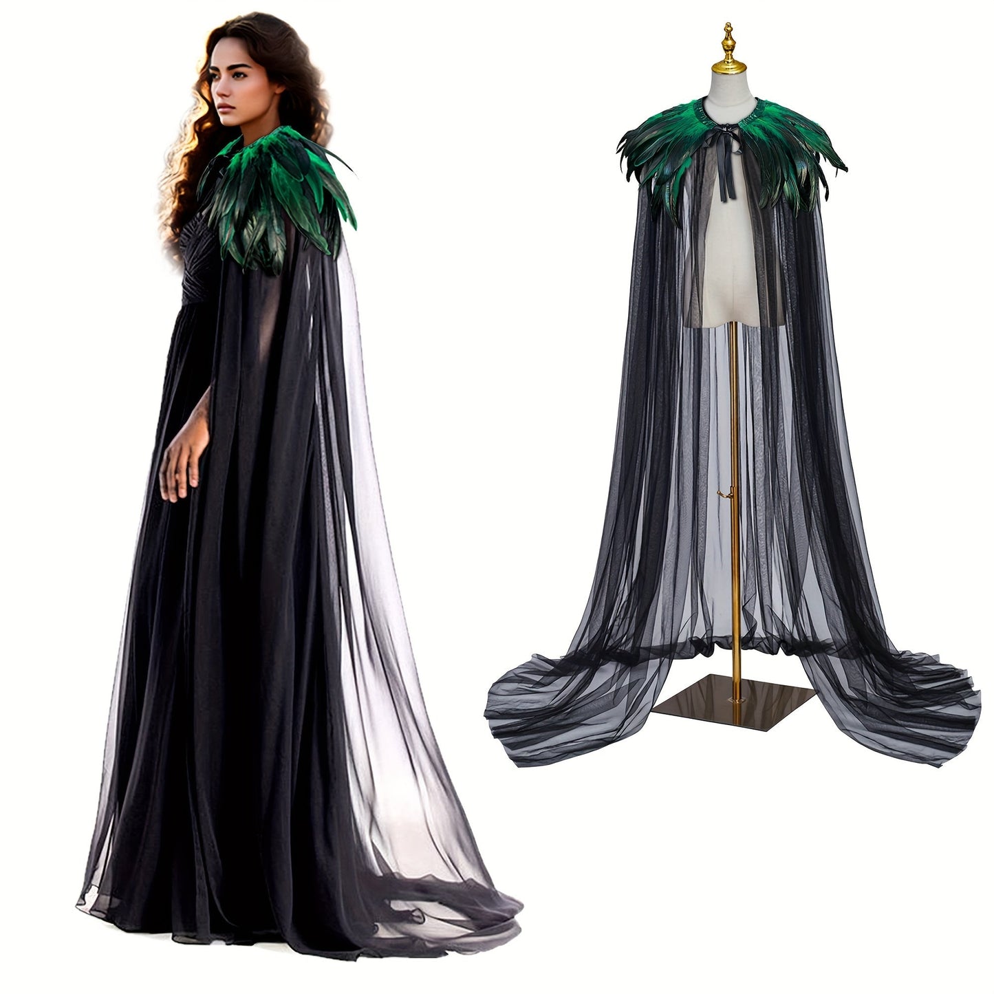 L'VOW Evil Queen Witch Costume - Perfect for Halloween Cosplay. Includes Feathered Cape, Long Robe & Shawl. Stand out in this Funky Polyester Masquerade Outfit from L'VOW.