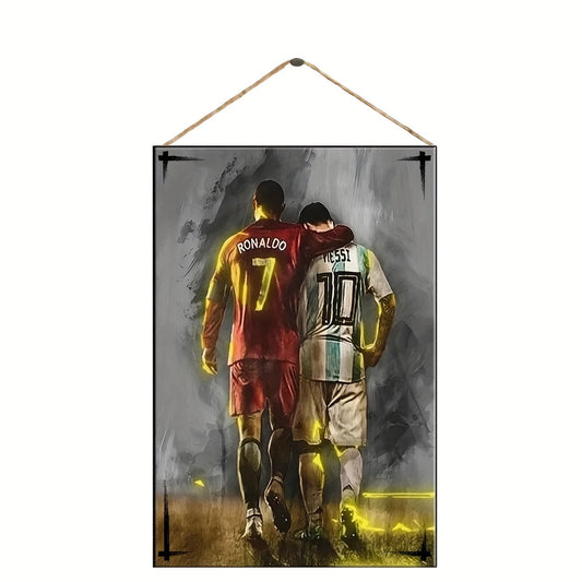 Wooden wall plaque featuring Messi & Ronaldo, ideal for living room or study decor. Size: 19.99cm x 13.46cm, no electricity required.