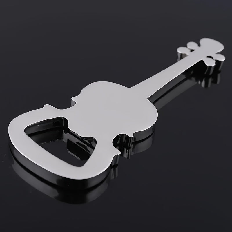 Guitar-shaped metal bottle opener keychain, ideal for music lovers and a great gift for kitchen and dining.