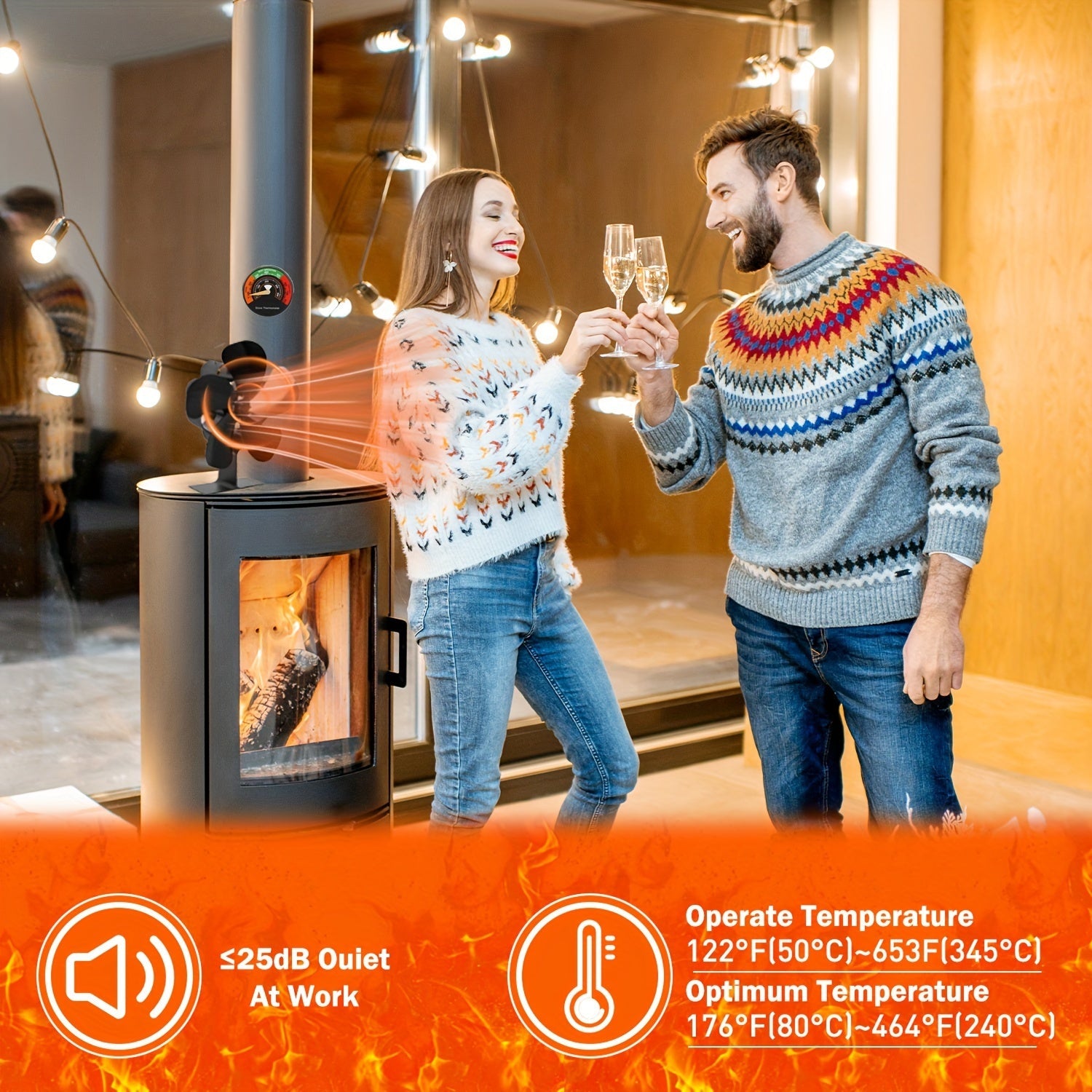 4-Blade Eco-Friendly Stove Fan for Wood Burning Stoves, Fireplaces, and Burners - Thermal Power, Wooden Construction, and Electric Operation