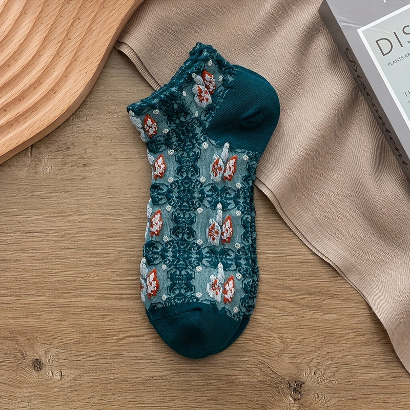 Floral print ankle socks in retro court style, 8 pairs for women.