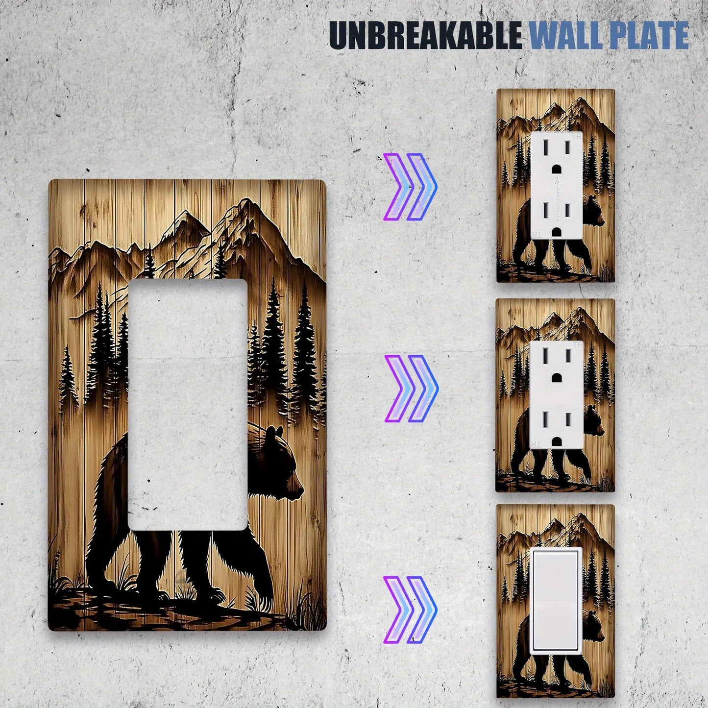 Durable polycarbonate bear pattern wallplate for light switch cover. Can be used indoors or outdoors, no electricity needed. Available in single or double gang, sold in packs of 1.