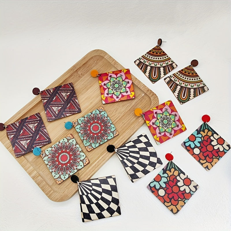 Women's earrings with a retro Bohemian ethnic style, featuring colorful prints on wooden pendants in water drop and geometric shapes.