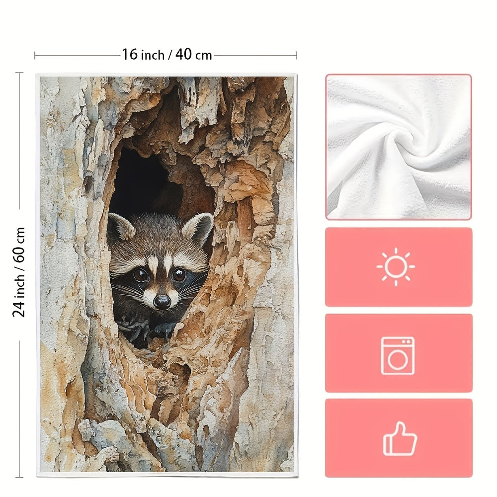 Ideal for both holiday decor and everyday use, these 2 pieces of ultra soft kitchen towels feature a cute raccoon peeking design. They are highly absorbent, machine washable dish hand towels that measure 40.64x60.96 cm.