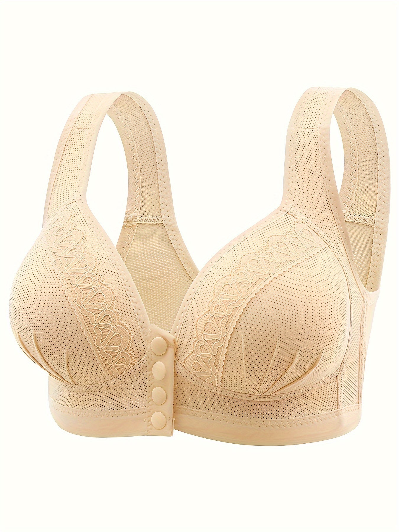 Three contrast lace wireless bras, front buckle push up style, comfortable and breathable, perfect for women's lingerie and underwear.