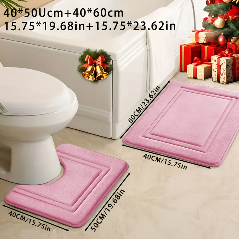 Two coral fleece bath mats, absorbent and non-slip, made from soft polyester knit fabric, 530gsm, 1.3cm thick, suitable for tub, shower, and bathroom decor.