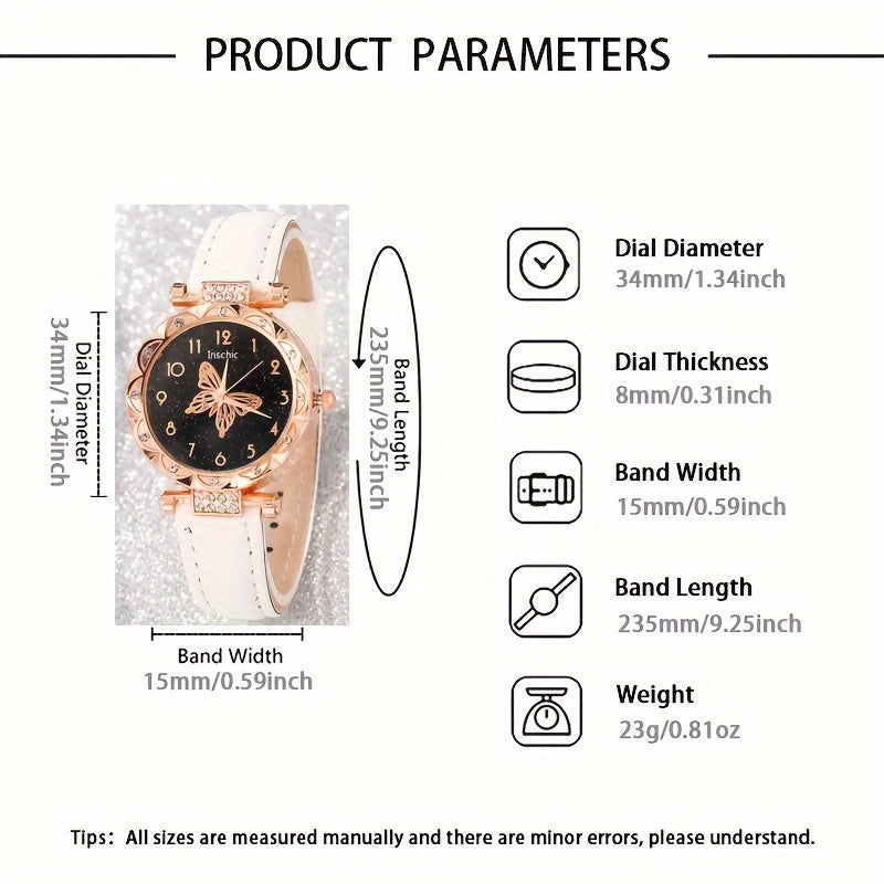 5pcs Women's Quartz Watch Set with Round Dial, PU Leather Strap, Matching Butterfly Pendant Necklace, Bracelet, Earrings. Simple, stylish, and perfect as a gift.