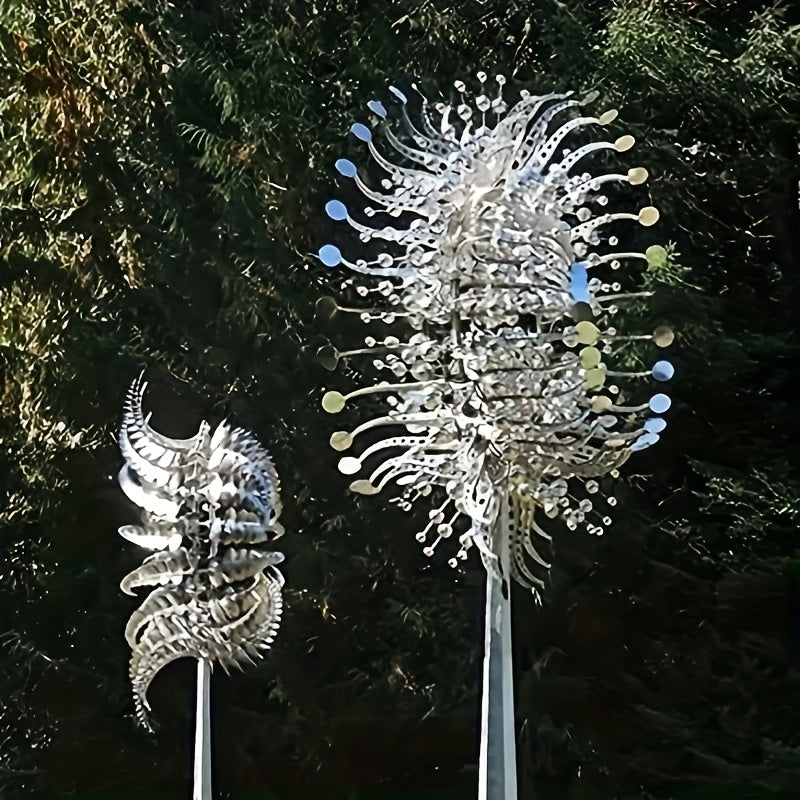 Solar-powered iron wind sculpture with 3D kinetic metal windmill design, ideal for outdoor garden decor.