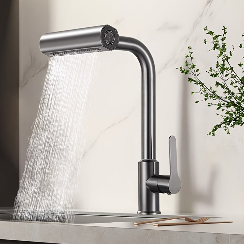 Commercial kitchen faucet with sprayer, rotary spout, and durable single-handle mixer. Space-saving design for various locations including farmhouses, caravans, stores, and modern kitchens.