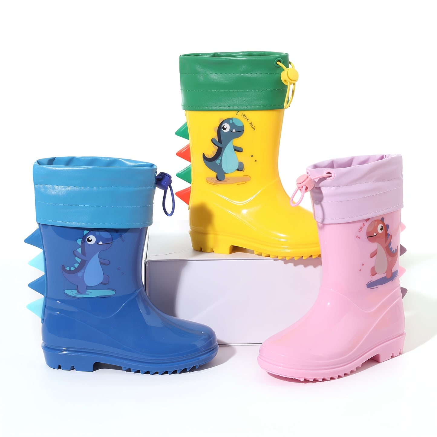 Child's dinosaur rain boots that are thermal detachable, non-slip, waterproof, comfortable, and suitable for all seasons.