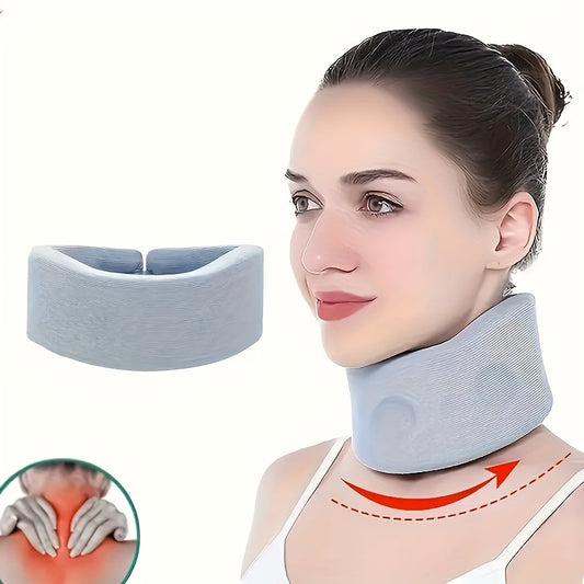 Portable neck brace with memory foam support and adjustable transparent straps designed to correct forward head posture.