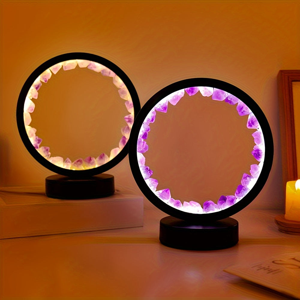 Rechargeable LED lamp with natural quartz amethyst cluster emits soothing light for bedroom and desk decor.