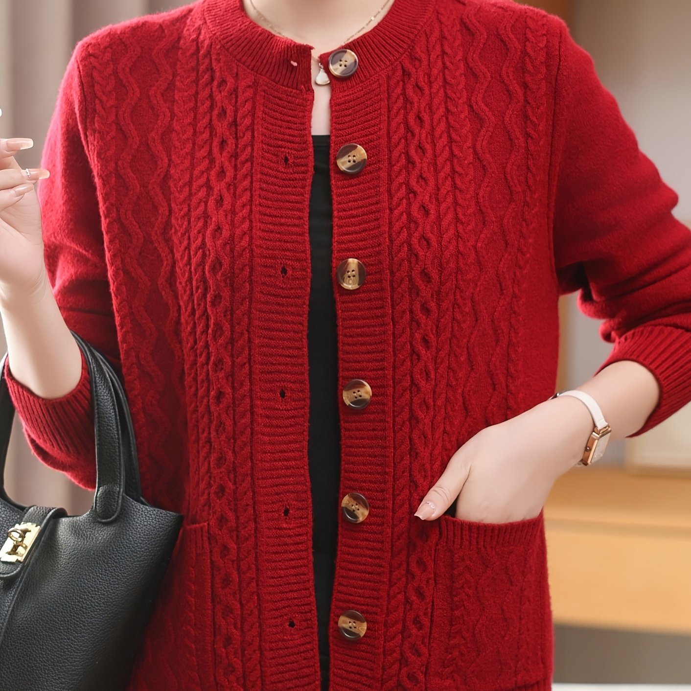 Women's cozy cable knit cardigan with button front, pocket, and long sleeves - perfect for all seasons