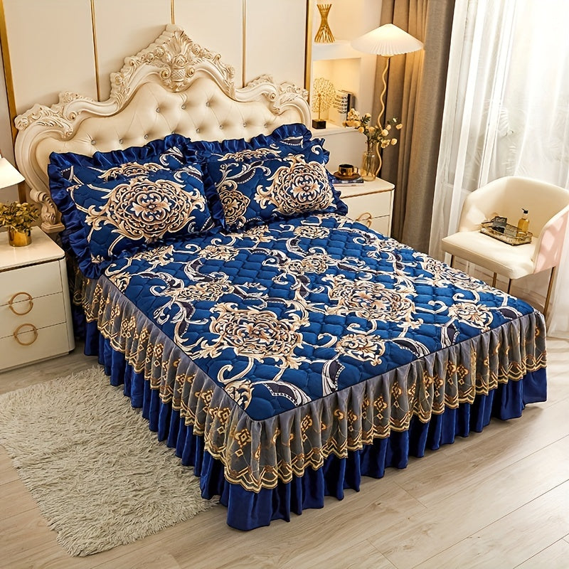 Experience a cozy sleep with our luxurious Crystal Velvet Bed Skirt Set. This 3-piece set includes pillowcases with a beautiful floral design. Machine washable for easy care, it provides a comfort fit with non-slip technology and full coverage.