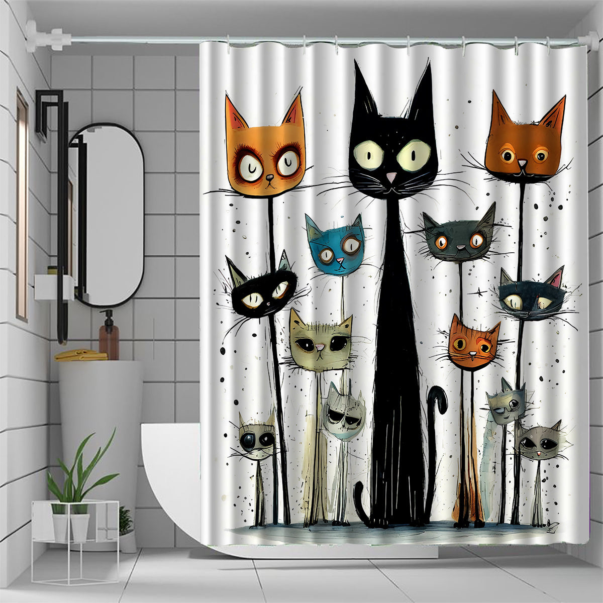 Water-resistant WhimsyCat shower curtain with artsy kitten design and hooks, machine washable and elegant for year-round bathroom decor.