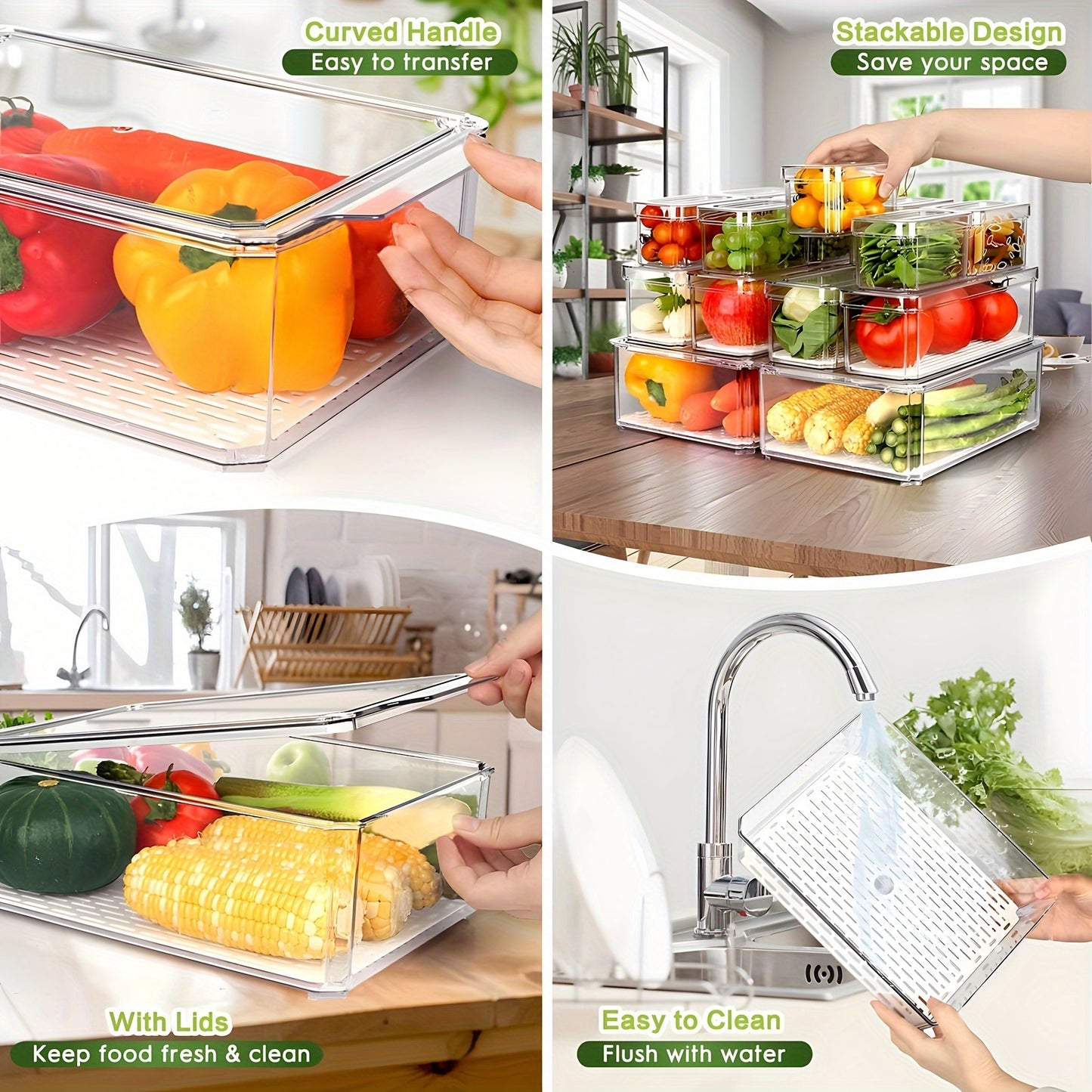 Essential RV refrigerator organizer with 7/14pcs clear stackable containers, BPA-free, includes lid. Perfect for storing fruits, vegetables, food, and drinks in compact spaces. Also