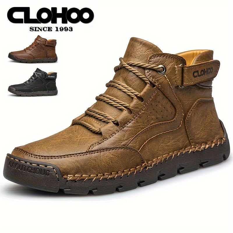 CLOHOO Men's High-Top Casual Ankle Boots with Handcrafted PU Upper & Lining, Rubber Sole for Enhanced Grip, Round Toe Lace-Up Closure, Warm Plush Interior, Solid Color Design for Outdoor