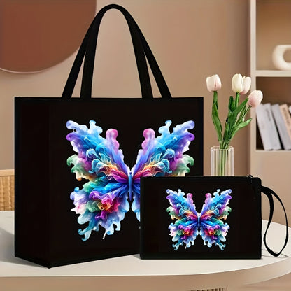 Set includes 2 floral and butterfly print tote bags with matching wallet, made of durable canvas material. Features magnetic snap closure and foldable design for shopping and travel, with