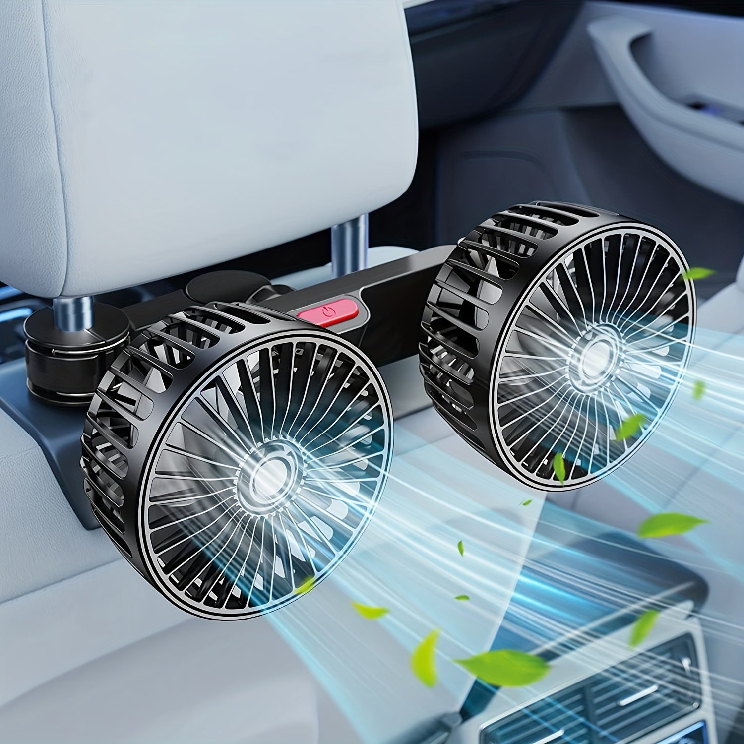 This product is a 1-piece car fan that functions as a small air conditioner. It features a double-headed rear fan that provides strong wind and can rotate 360 degrees. With a large air volume and subwoofer operation, it is equipped with a base fixed clip