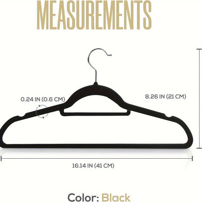 Upgrade your wardrobe organization with this set of 50 sleek black velvet hangers. These non-slip hangers feature 360° swivel hooks and a slim design, perfect for suits, coats, dresses, and more. Made from durable ABS plastic, these hangers are ideal for