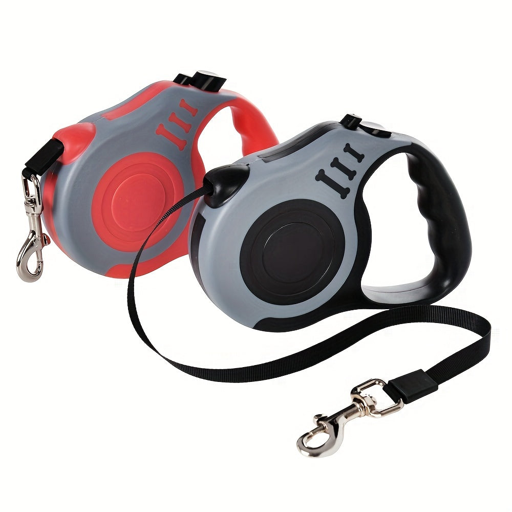 Sturdy dual-switch retractable dog leash offers easy control and comfortable grip.