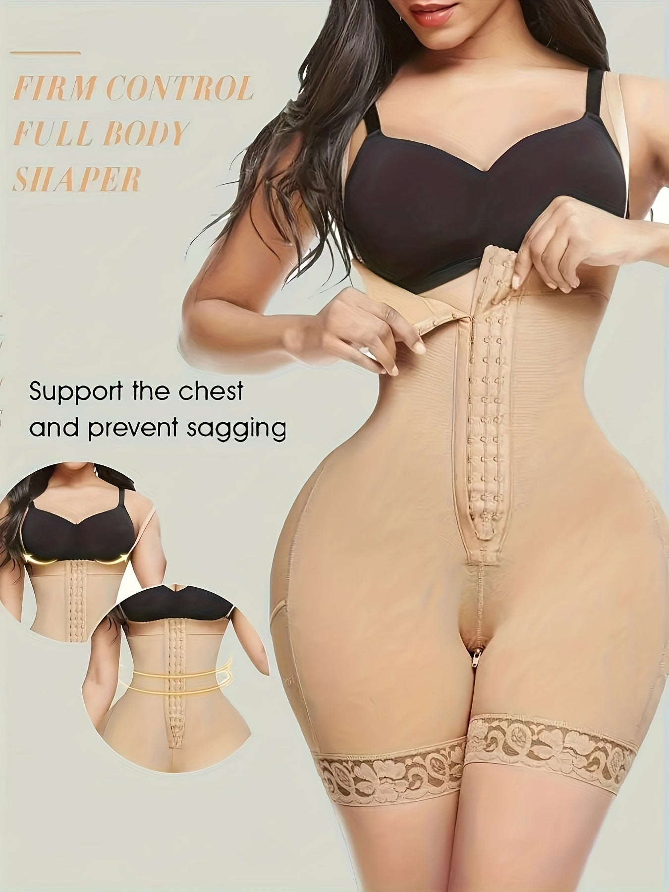 High-waist shapewear bodysuit with zipper, hook closure, and tummy control for slimming waist. Made of breathable nylon/spandex, hand washable. Helps achieve ideal figure.