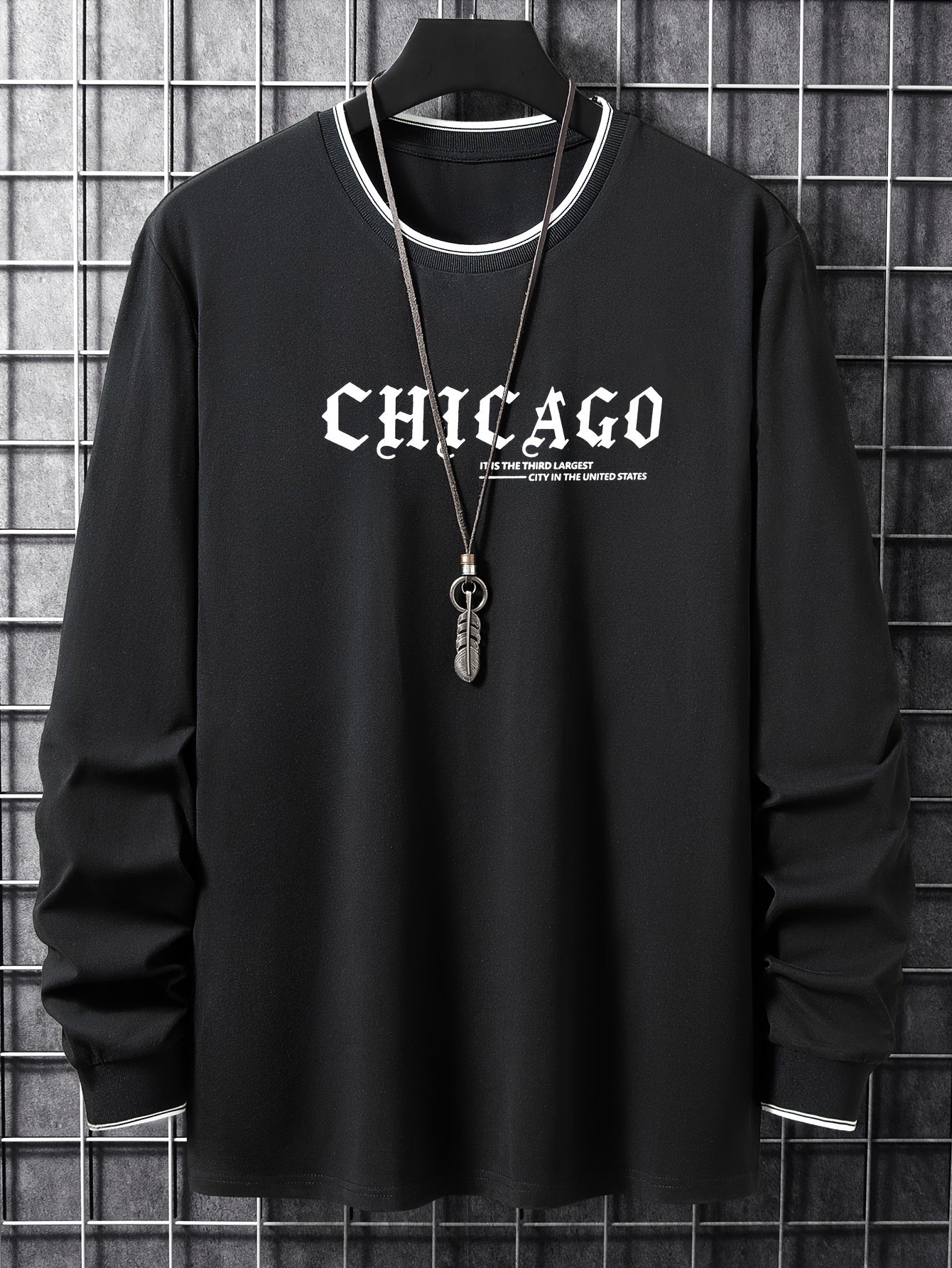 Chicago Printed Men's Street Daily Long Sleeve High Stretch T-shirt, Spring Fall Outdoor, Men's Clothing