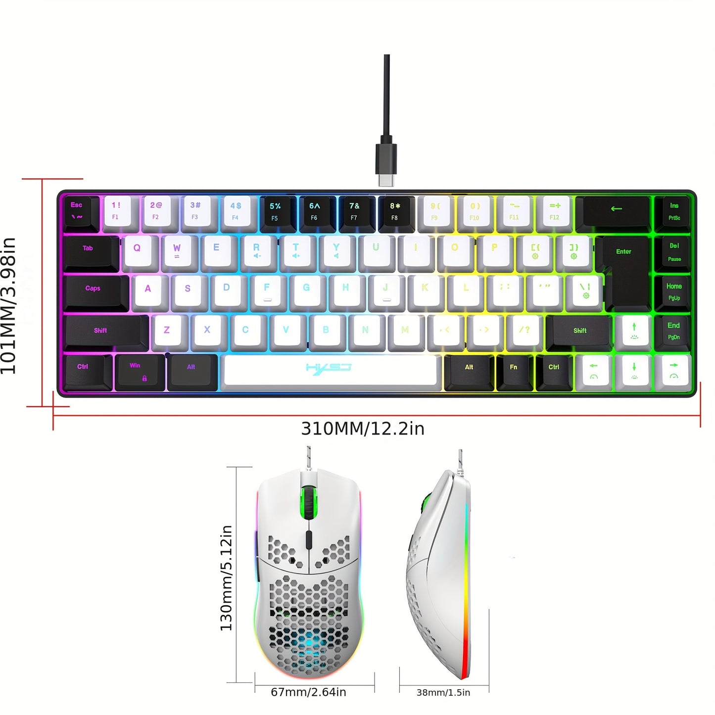 HXSJ Ergonomic 68-Key Mini Wired Keyboard with RGB Backlit, Optical Mouse, Gaming Kit for PS4, Xbox, PC, Laptop, Mac - ABS Material, No Battery Needed