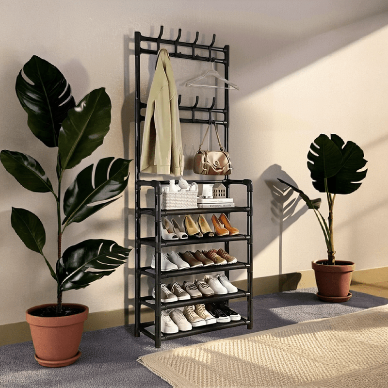 A versatile metal shoe rack with 5 layers and 8 hooks, providing a three-in-one function. Ideal for bedrooms, dormitories, living rooms, and bathrooms. Features 12-16mm diameter pipes and is easy to assemble.