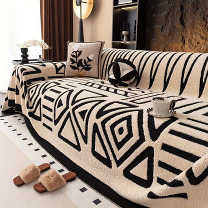 Modern Geometric Plush Sofa Cover in Black & White, All-Season, Dust-Proof, Pet-Friendly. Fits Single to Four-Seater Sofas. Machine Washable. Ideal for Living Room & Bedroom.