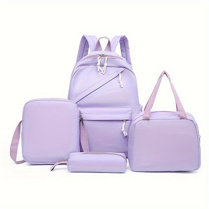 Set of 4 backpacks, cross body bag, handbag, and pen bag in classic solid colors. Suitable for both women and men for casual travel with large capacity. Ideal for schoolgirls and students