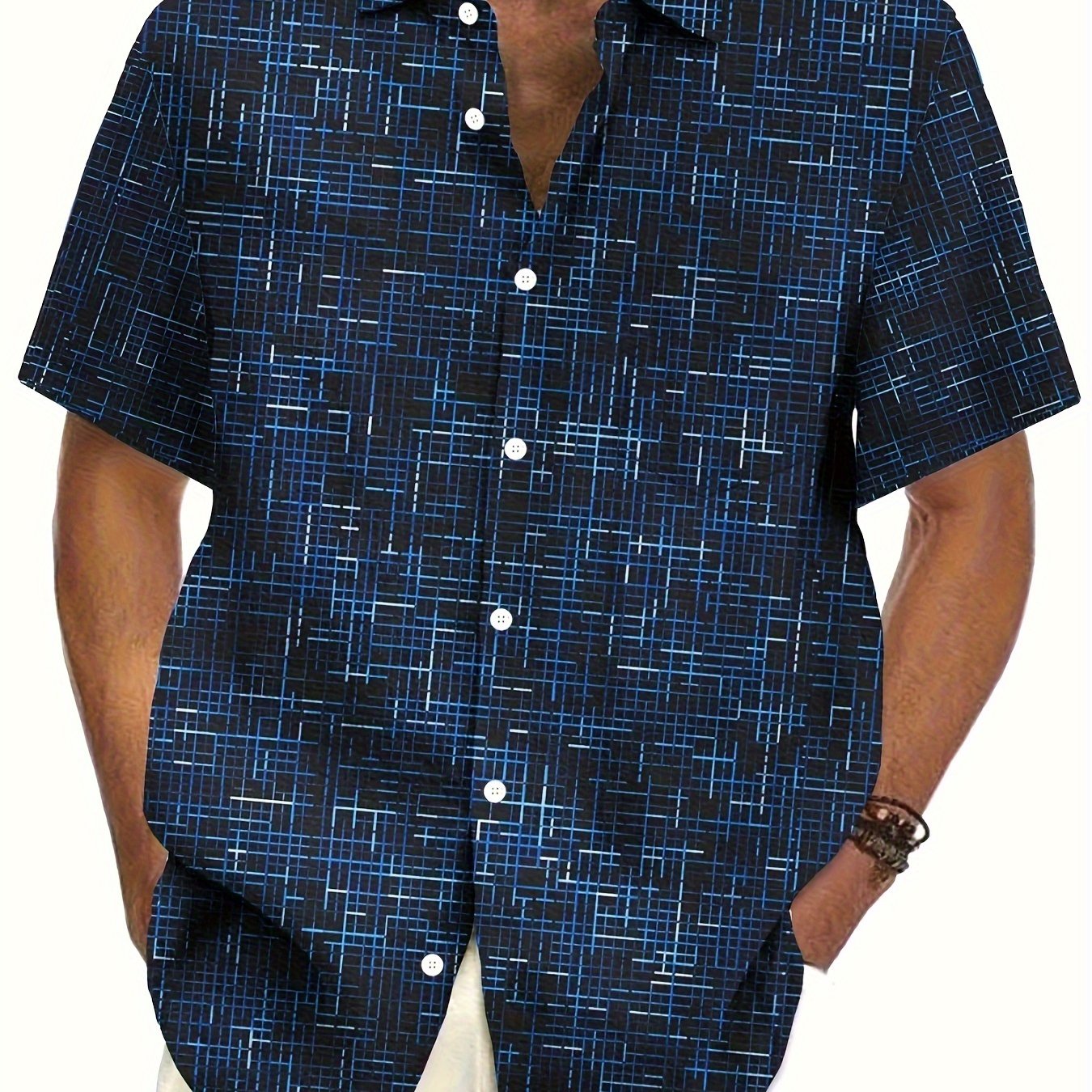 Trendy plus size men's checkered graphic print shirt for summer, with short sleeves.