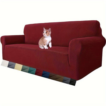 Jacquard fitted sofa slipcover with elastic band, machine washable polar fleece fabric. Compatible with various sofa sizes. Protects furniture from dust and cat scratches.