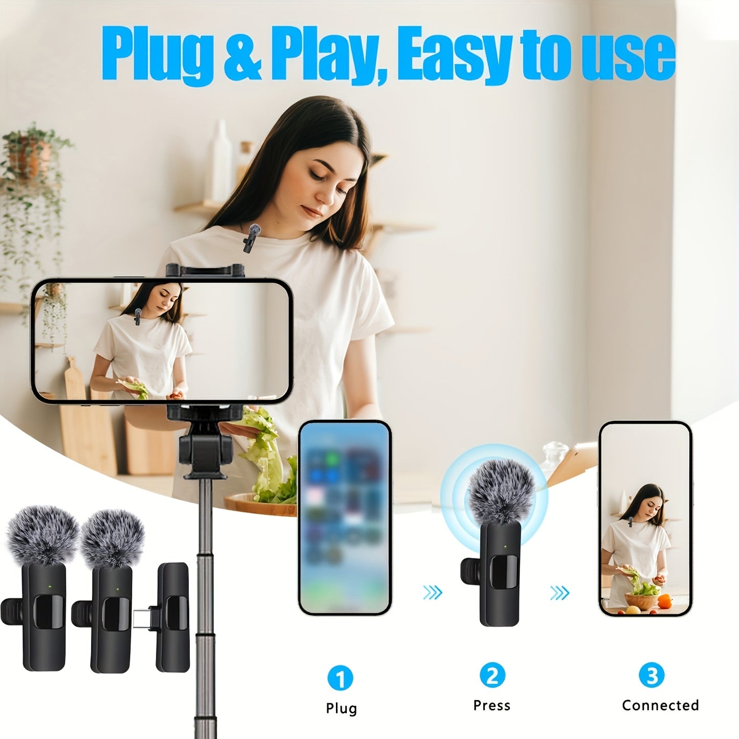 Wireless clip-on microphone for iPhone, iPad, and Android devices. Suitable for audio and video recording, live streaming, and interviews.