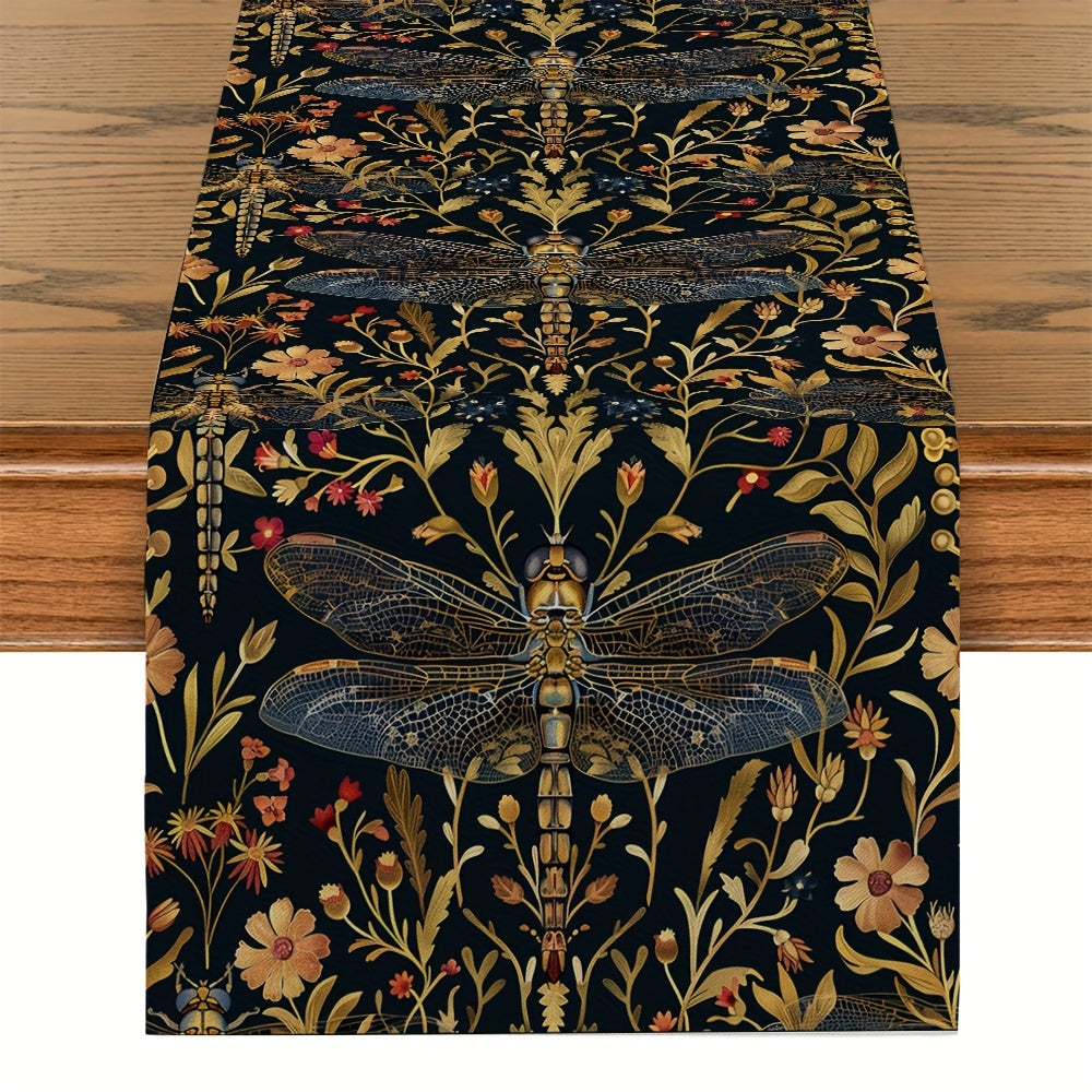 Elegant William Morris dragonfly floral table runner made from polyester for kitchen, dining room, parties, and home decor. Ideal for tabletop decoration.