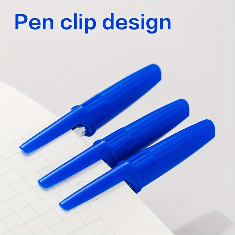 12pcs of blue ball point pens with bullet tip, low viscosity ink, pen-clip design. Suitable for classrooms, offices, libraries.