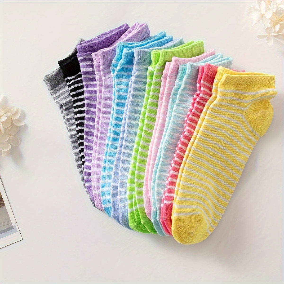 10 pairs of soft and comfy candy color ankle socks, perfect for gifting. Ideal for women's stockings and hosiery.