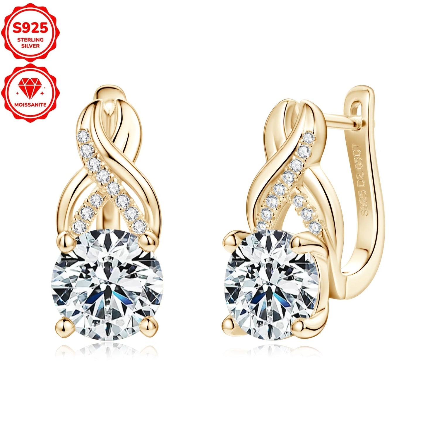 Get yourself a stunning pair of Moissanite earrings designed for women featuring infinite elements. These 925 pure silvery earrings have 8mm round Moissanite stones, perfect for weddings and parties. The earrings weigh about 4.89g and each one showcases