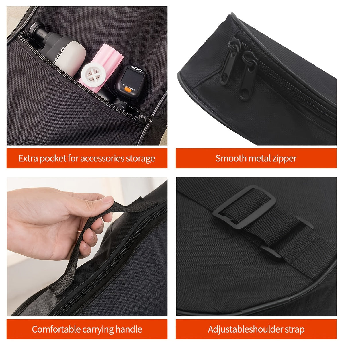 Premium black ukulele case with adjustable straps, fits soprano and tenor ukuleles of various lengths. Suitable for concerts. Ukulele not included.