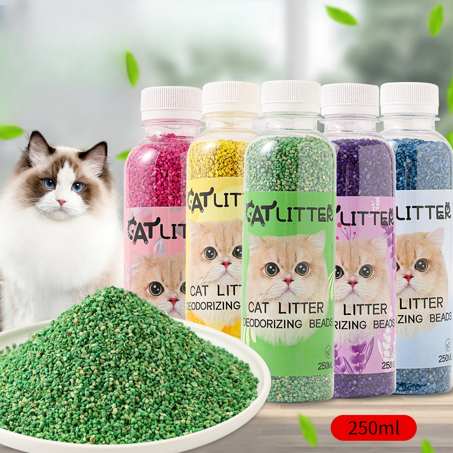 1 bottle of natural plant-based deodorizing beads with activated carbon granules for cat litter, eliminates odors and keeps pet environment clean and fragrant, suitable for cats.