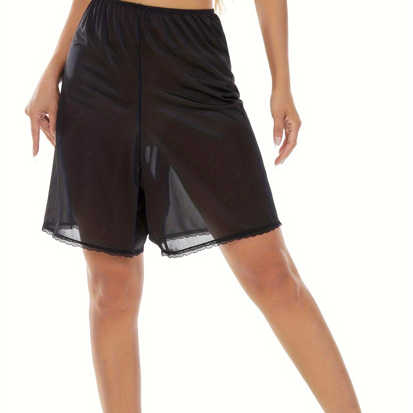 Polyester slip skirt with lace trim, light support shapewear.