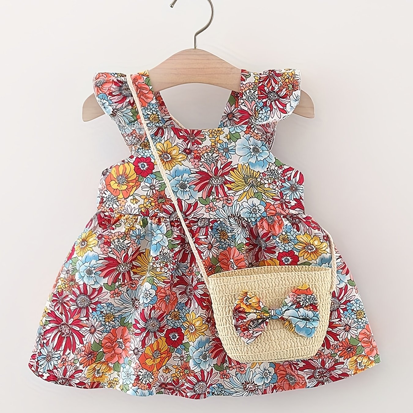 Set of 2 vintage baby girl dresses in cotton for toddlers aged 0-3 years, sleeveless with a matching bag included.