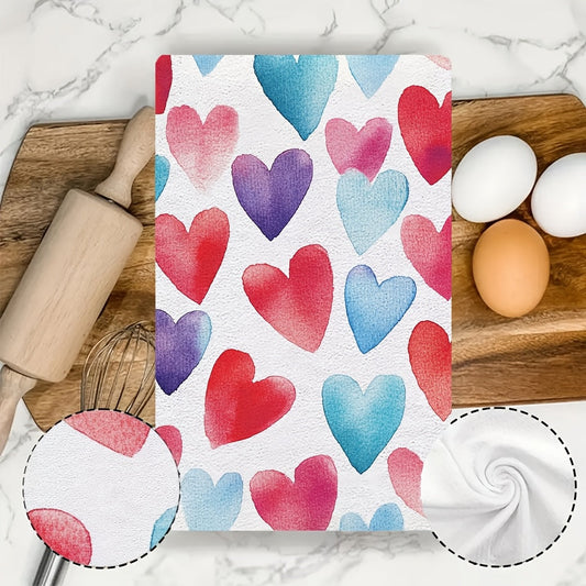 Get your hands on 2 Ultra Soft Valentine's Day Heart Pattern Kitchen Towels! These highly absorbent, machine washable dish hand towels come in a size of 40.64x60.96 cm and feature a contemporary watercolor design, perfect for holiday decor. Add a touch