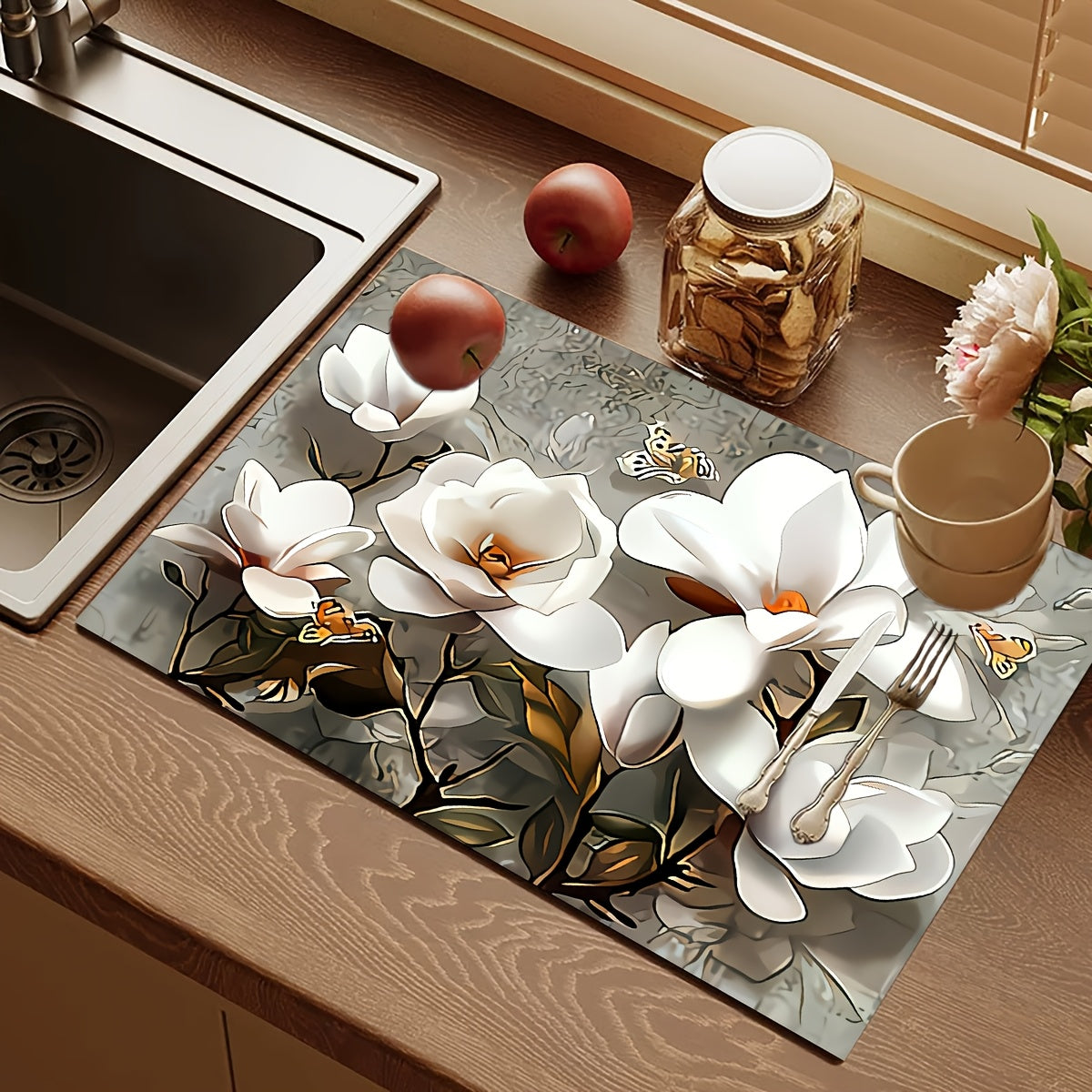 Magnolia Flower Print Polyester Mat - Quick-Dry Absorbent Countertop Protector for Washing Machine, Refrigerator, Kitchen, Coffee Machine, Laundry Room Dust Cover - 1 Piece