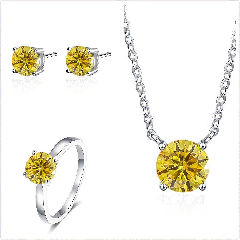 Indulge in the elegance of the GEMS LADY Luxury Moissanite Jewelry Set - Featuring a stunning 2ct Yellow Moissanite Necklace, Earrings & Ring crafted in 925 Sterling Silver, presented in a beautiful Gift Box. The perfect accessory for Weddings & Special