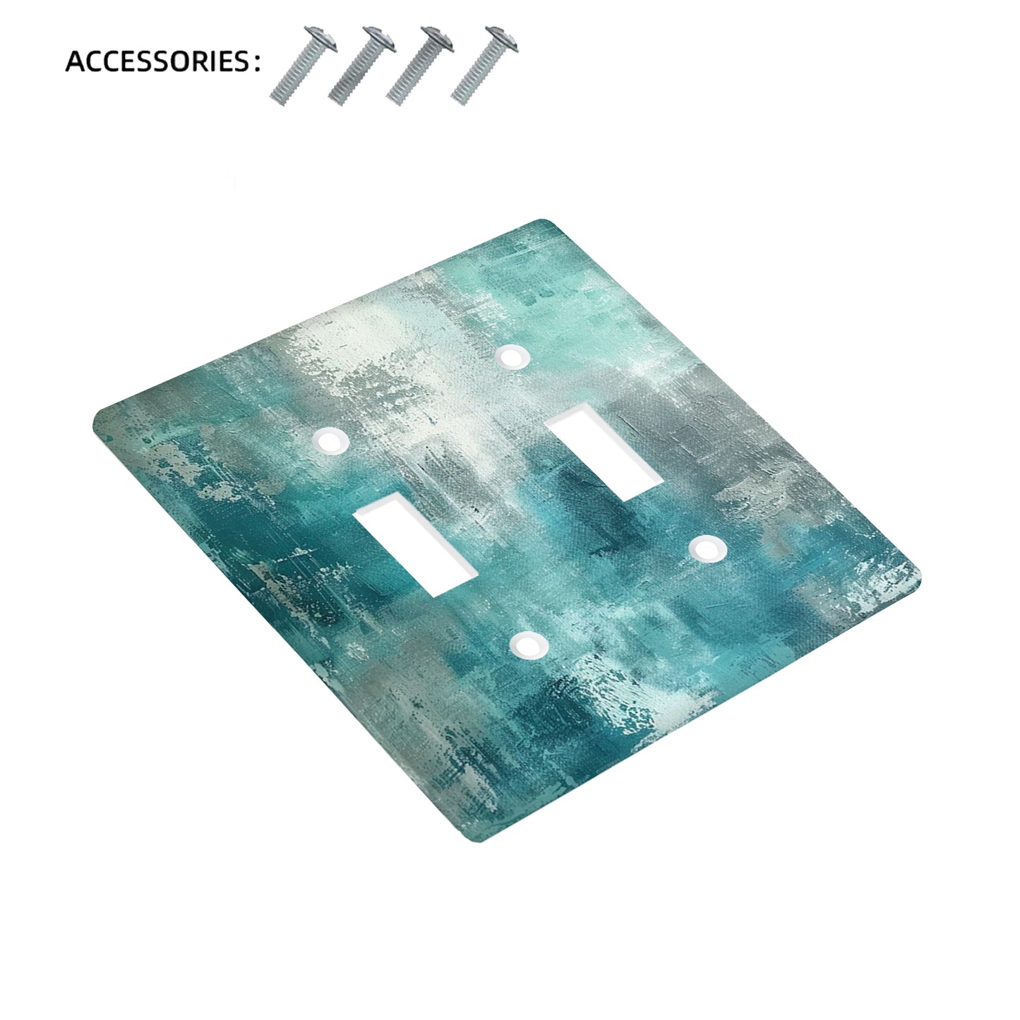 Modern abstract turquoise & grey light switch cover made of unbreakable polycarbonate. Decorative single toggle wallplate for easy installation in bedroom, kitchen, or bathroom with no wiring required.