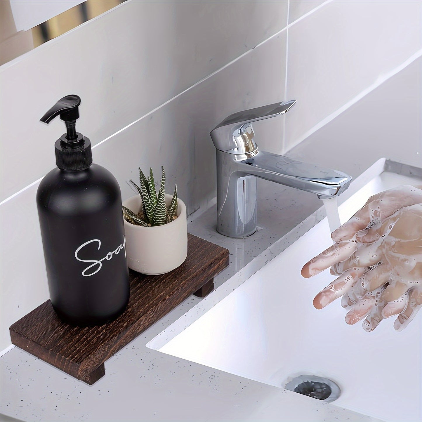 Rustic wooden bathroom tray with farmhouse decor, ideal for kitchen or bathroom use. Made from natural solid wood.