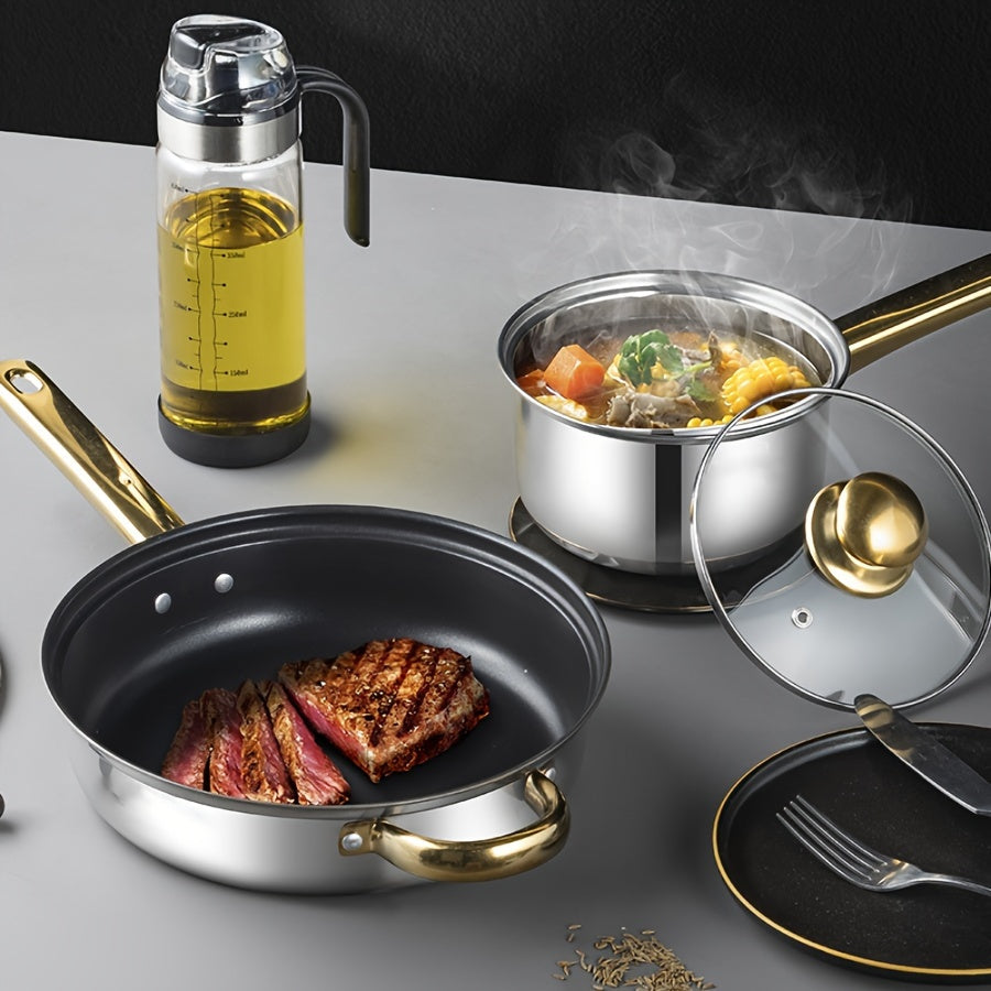 Stainless Steel Cookware Set of 12 Pieces with Elegant Golden Handles, Includes Kettle for Kitchen and Cooking, Perfect for Cross-border E-commerce